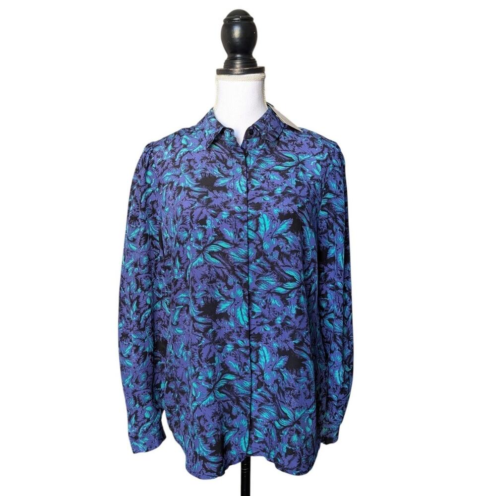 Reiss Marion 100% Silk Floral Button Up Blouse New Size US 10 Blue Black Teal